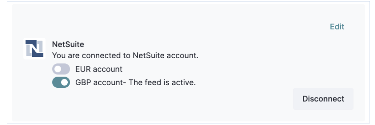The NetSuite integration in Cledara showing the account toggled on with the feed active
