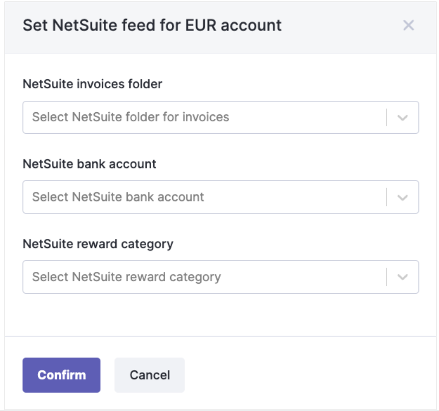 The Set NetSuite feed dialog, with NetSuite invoices folder, NetSuite bank account, and NetSuite reward category fields